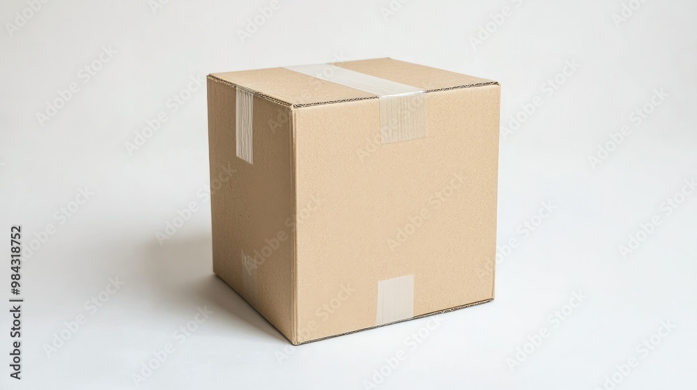 A small cardboard box, meticulously sealed with tape, standing alone on a white background, highlighting its simplicity and durability for shipping. A small cardboard box, meticulously sealed with tape, standing alone on a white background, highlighting its simplicity and durability for shipping.