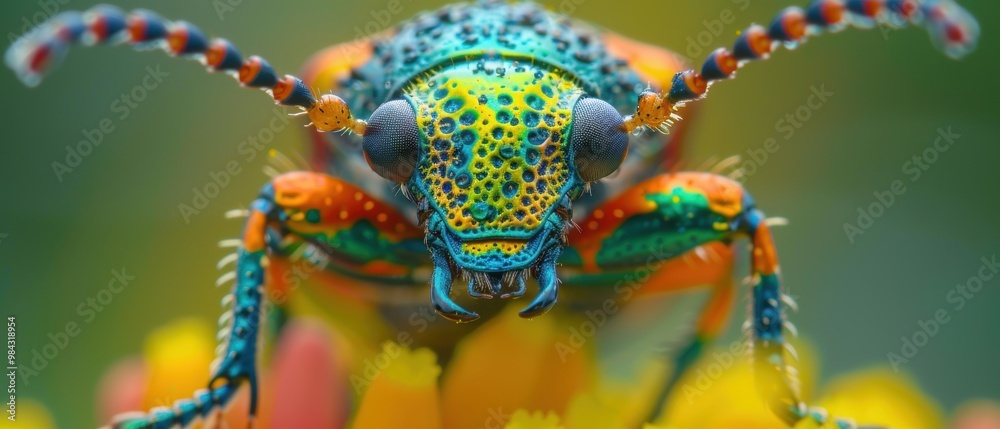Fototapeta premium Colorful Insect Close-Up on Vibrant Flower Background