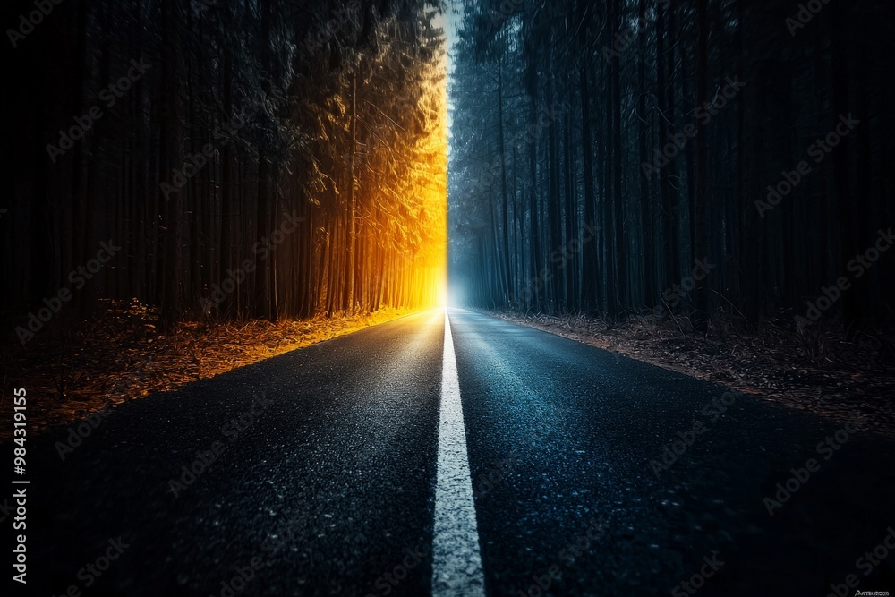 A road leading to a bright future on one side and a dark, uncertain one on the other, symbolizing positive vs negative outlook A road leading to a bright future on one side and a dark, uncertain one on the other, symbolizing positive vs negative outlook