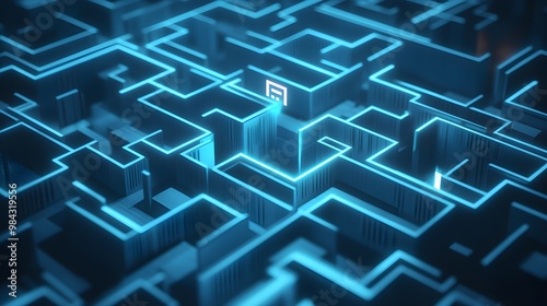 A 3D maze with intricate pathways and walls, featuring a search bar hovering above it, with guiding arrows and illuminated paths leading users through the maze, symbolizing search engine navigation 