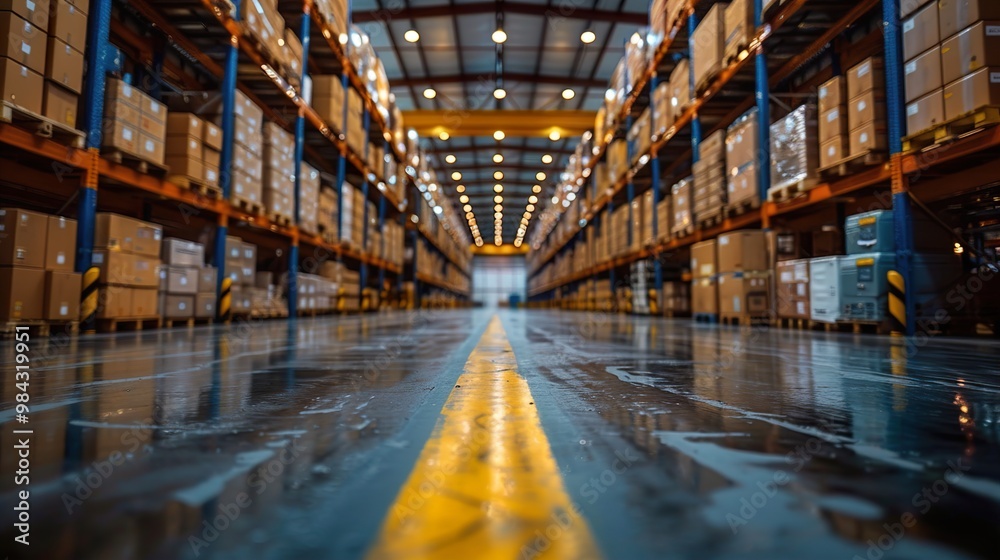 Fototapeta premium An empty warehouse with rows of shelves stretching into the distance