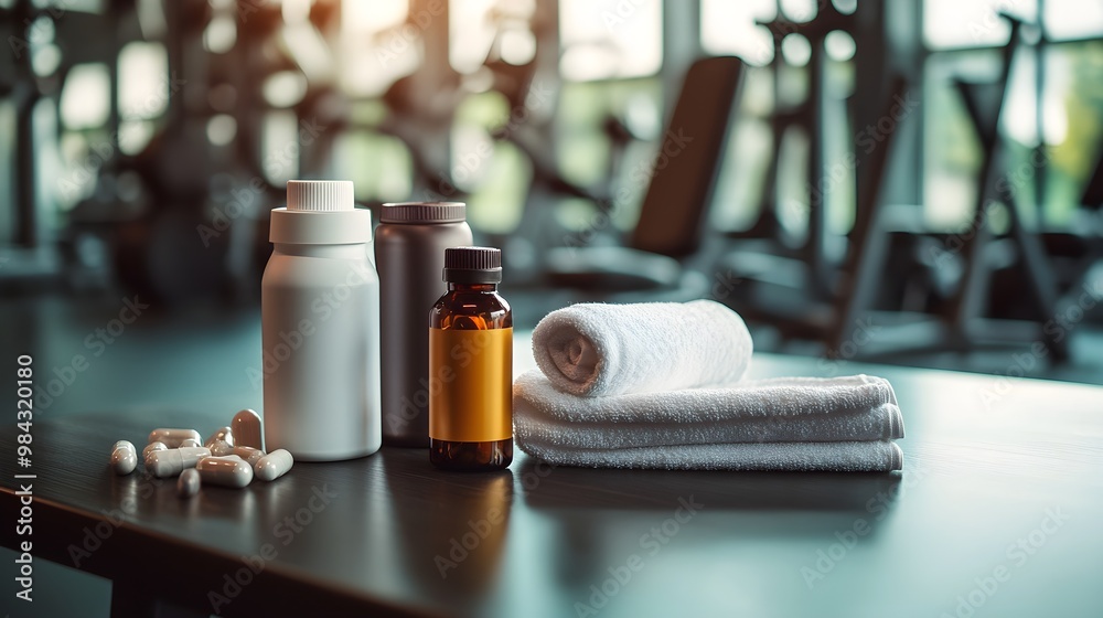 A close-up of recovery supplements and vitamin bottles placed next to a protein shaker and towel on a gym bench, with workout equipment in the background A close-up of recovery supplements and vitamin bottles placed next to a protein shaker and towel on a gym bench, with workout equipment in the background