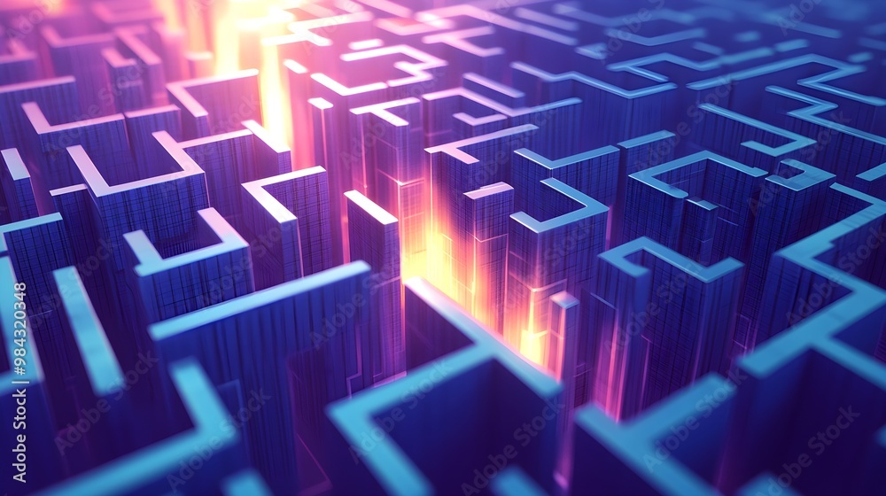 A detailed 3D maze with a search bar floating at the top, casting a beam of light that highlights the correct route through the maze, representing the guidance provided by search engines A detailed 3D maze with a search bar floating at the top, casting a beam of light that highlights the correct route through the maze, representing the guidance provided by search engines