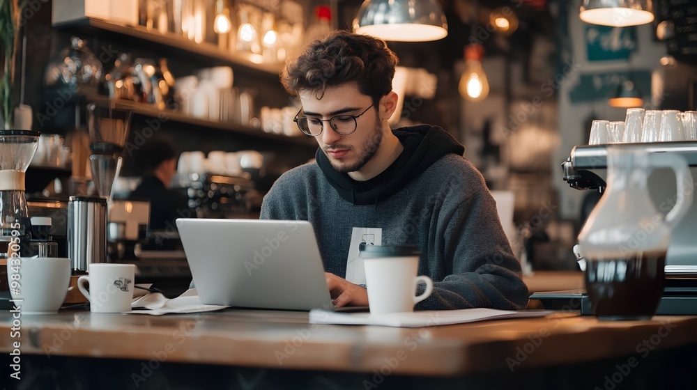 Young Entrepreneur Coding on Laptop in Cozy Caf with Coffee Cups and Notebooks Young Entrepreneur Coding on Laptop in Cozy Caf with Coffee Cups and Notebooks