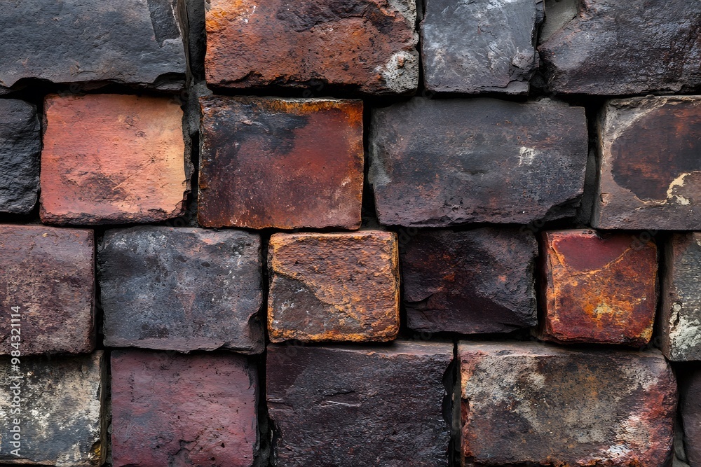Aged brick wall texture with a rustic pattern of red and brown bricks, perfect for urban or industrial backgrounds Aged brick wall texture with a rustic pattern of red and brown bricks, perfect for urban or industrial backgrounds