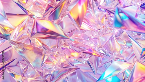 Holographic background with glass shards. Rainbow reflexes in pink and purple color. Abstract trendy pattern.
