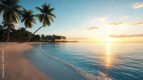 Panoramic view of a tropical beach at dawn, 3D CG rendering, crystal-clear turquoise water, lush palm trees swaying gently, warm soft light enhancing details, photorealistic finish