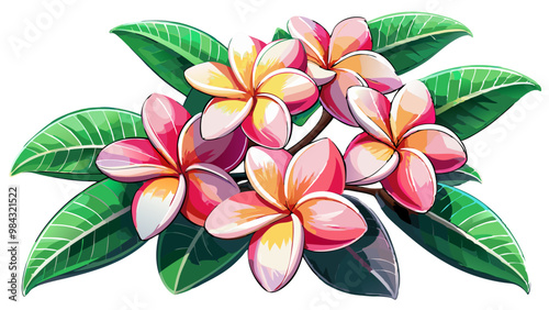 Exotic Plumeria Flower Illustration - Bright and Colorful Tropical Bloom with Pink and Yellow Shades, Ideal for Summer and Beach Themes, Plumeria Vector Illustration, Plumeria Flower Vector
, 



