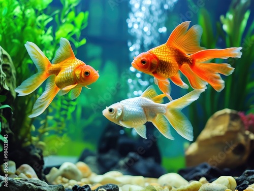 Three Vibrant Goldfish Swimming Gracefully in a Lush Aquarium Tank, Displaying Their Beauty and Playfulness