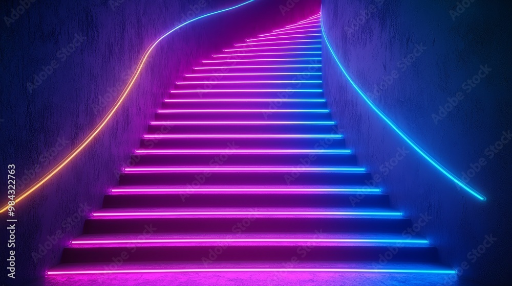 Fototapeta premium Symbolizing Innovation and Growth - An Abstract Neon Staircase Leading to Success.