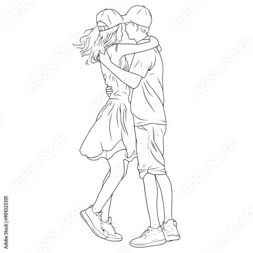 Romantic Couple Hugging Line Art Illustration