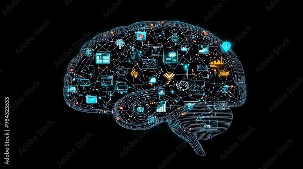 Fototapeta premium Innovation Unleashed: Abstract Human Brain Concept with Digital Swirling Lines and Business Icons for Creative Business Ideas.