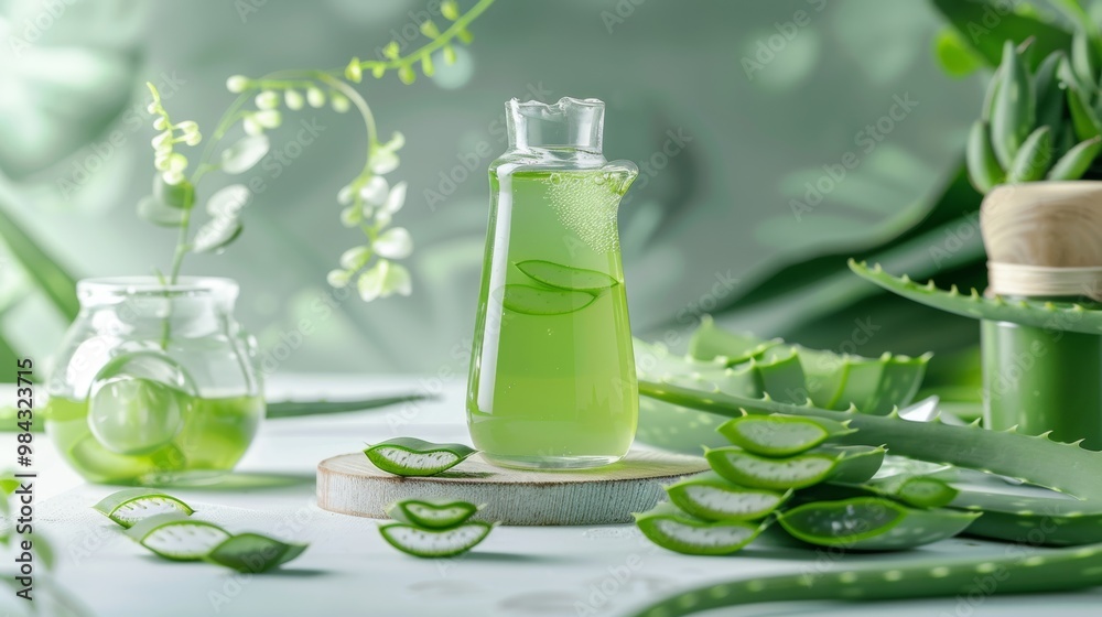 Aloe Vera Leaves and Natural Herbal Extract in Glass Bottle on Minimalist Background Aloe Vera Leaves and Natural Herbal Extract in Glass Bottle on Minimalist Background