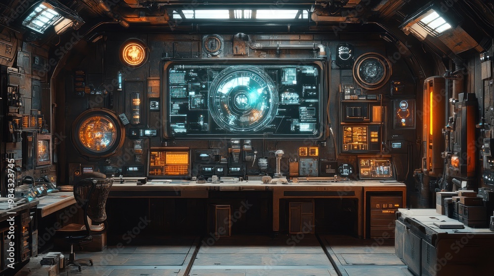 Futuristic control room with advanced technology and screens. Futuristic control room with advanced technology and screens.