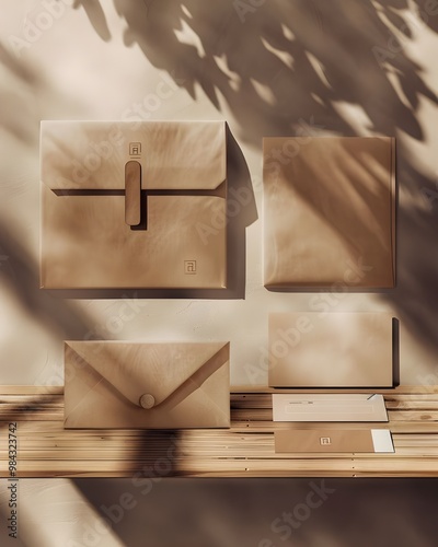 Minimalist kraft paper stationery set in sunlight