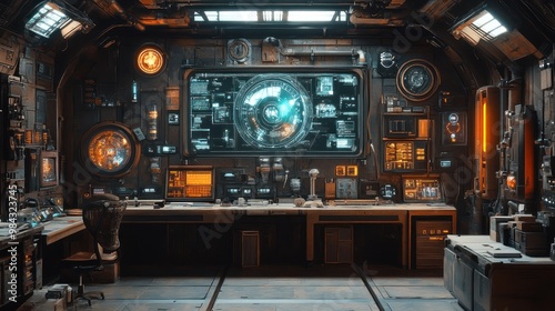 Futuristic control room with advanced technology and screens.