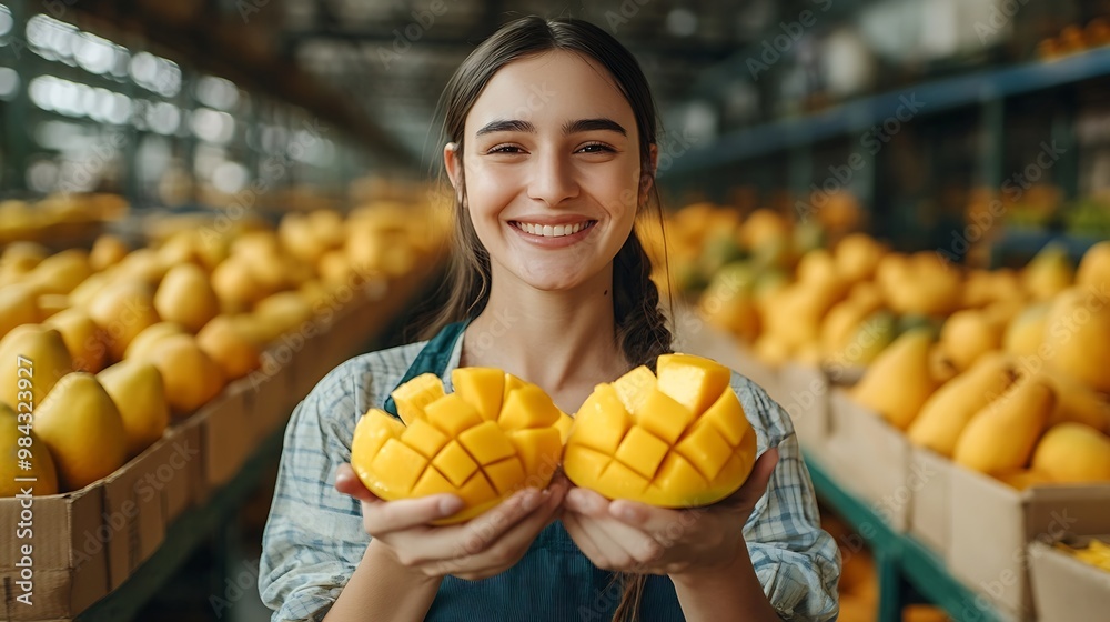Smiling efficient positive woman holding mango halves in her hands at food factory warehouse : Generative AI Smiling efficient positive woman holding mango halves in her hands at food factory warehouse : Generative AI