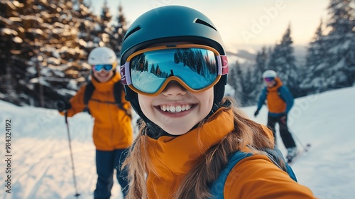 Selfie photo of happy litter girl with ski goggles, skiclothing and helmet, skiing with good friends 