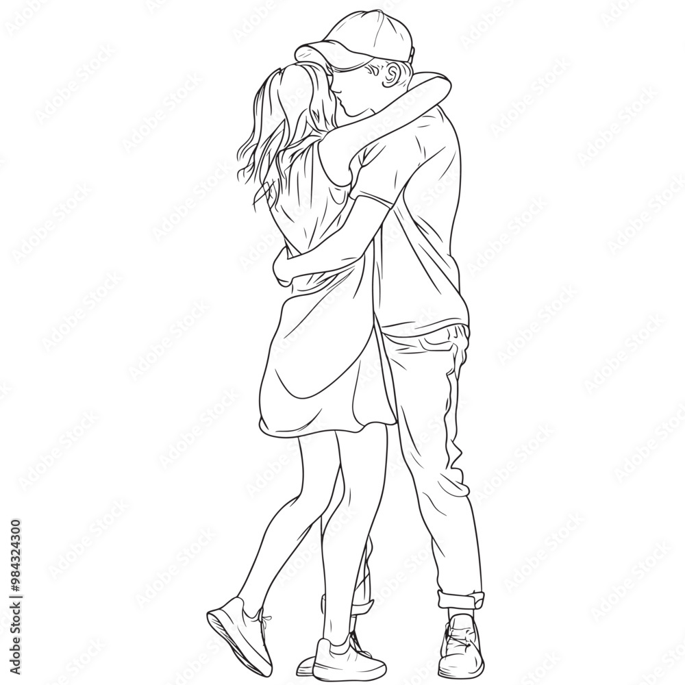 Fototapeta premium Romantic Couple Hugging Line Art Illustration