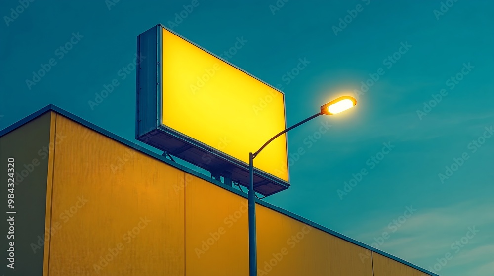 Billboard corner on yellow building with spot light : Generative AI Billboard corner on yellow building with spot light : Generative AI