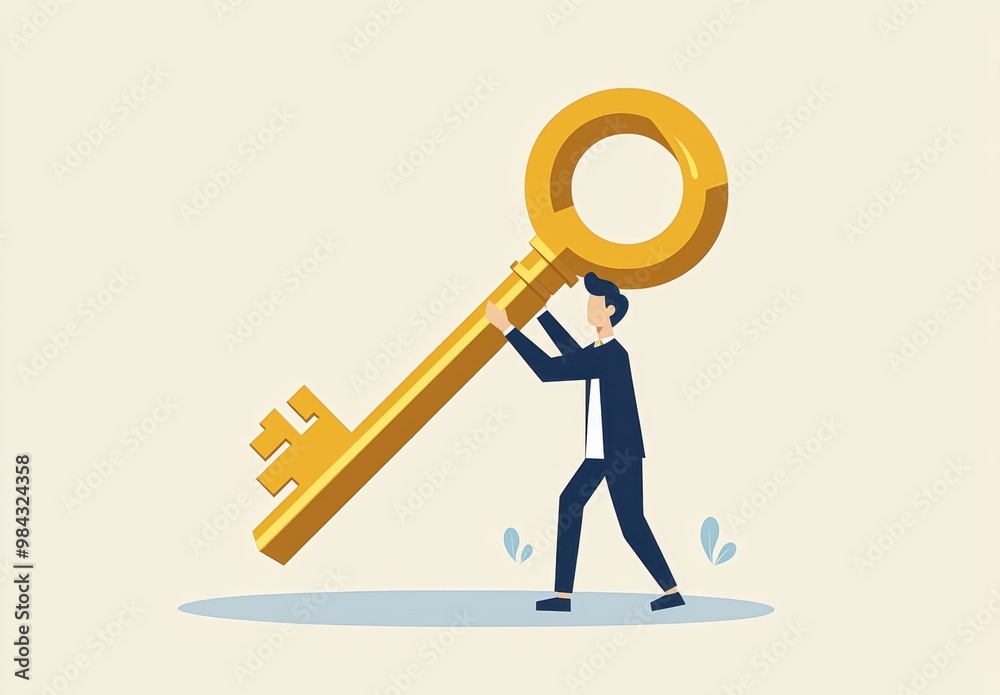 A man carries a giant golden key, symbolizing access and opportunity, against a pale background. A man carries a giant golden key, symbolizing access and opportunity, against a pale background.