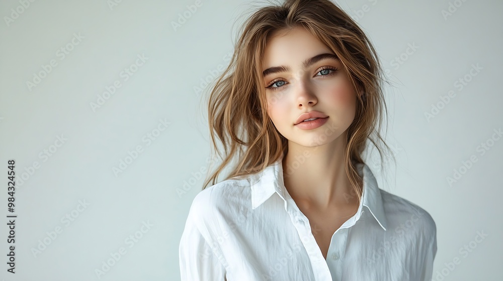 Beautiful girl model with light makeup in white shirt and jeans on light background in studio Beauty and Fashion Trendy Clothing Beauty in fashionable clothes : Generative AI