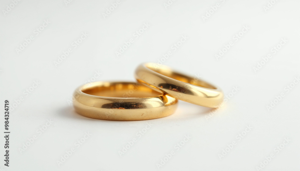A macro shot captures elegant gold wedding rings on a pristine white background, highlighting their shine.
A macro shot captures elegant gold wedding rings on a pristine white background, highlighting their shine.