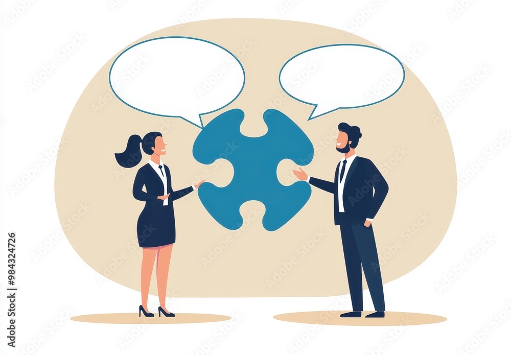 A business meeting scene where two professionals exchange ideas using a puzzle piece, symbolizing collaboration and problem-solving.