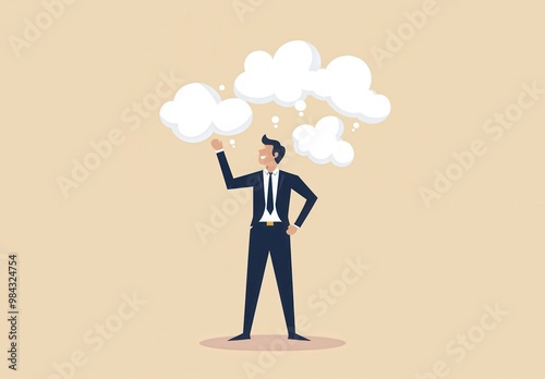 A businessman in a suit stands confidently with thought clouds above him, representing ideas or concepts in a minimalistic design.