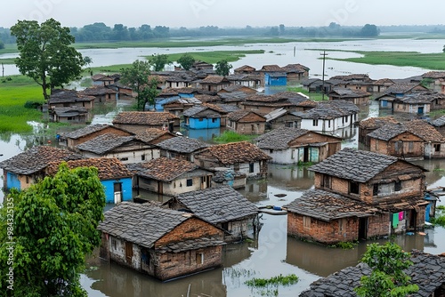 A Haunting Scene of Flooded Rural Village Aftermath Only Rooftops and Treetops Remain Dry Amidst Murky Winding Streets photo