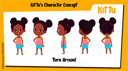 A cute girl cartoon character turnaround sheet AKA Kittu, little curly hair girl cartoon vector. photo