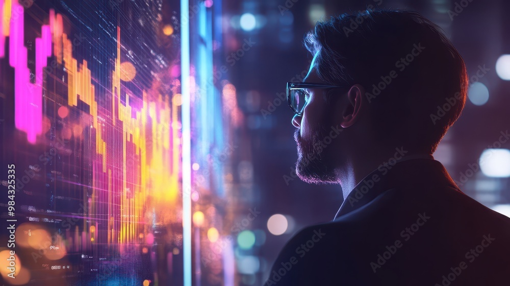 Business executive examining a holographic growth graph, with clear focus and bright colors. Business executive examining a holographic growth graph, with clear focus and bright colors.
