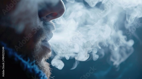 Man exhaling thick white smoke cloud against dark moody background
