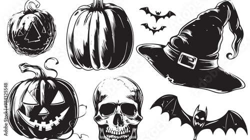 A collection of black and white images including a pumpkin bat and witch hat with Skull, Halloween elements, Happy Halloween
