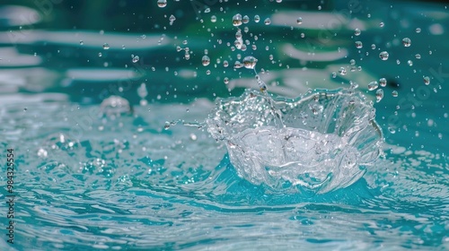 Clear water droplets splashing and creating bubbles in turquoise pool
