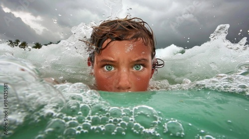 Man with wide eyes peeking above green ocean waves under stormy sky