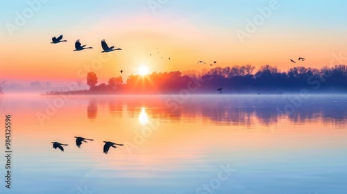 Flock of birds flying over misty lake at colorful sunrise reflection
