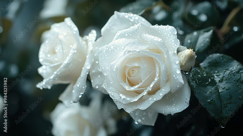Close-up of dew-covered white roses amidst green leaves, showcasing nature's beauty. Close-up of dew-covered white roses amidst green leaves, showcasing nature's beauty.