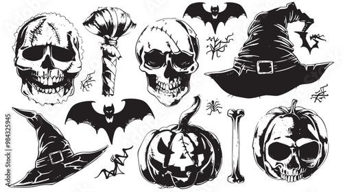 A collection of black and white images including a pumpkin bat and witch hat with Skull, Halloween elements, Happy Halloween