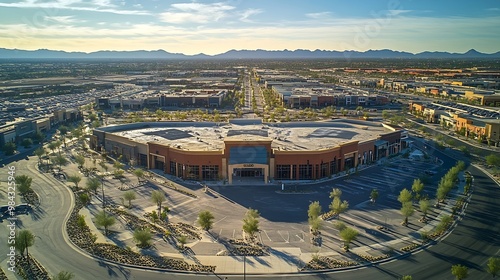 Afternoon aerial view of new shopping mall sprawl and empty lots of downtown Goodyear Arizona USA : Generative AI