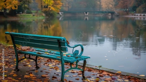 Empty Green Park Bench by Lake with Autumn Trees Reflection Peaceful Scene