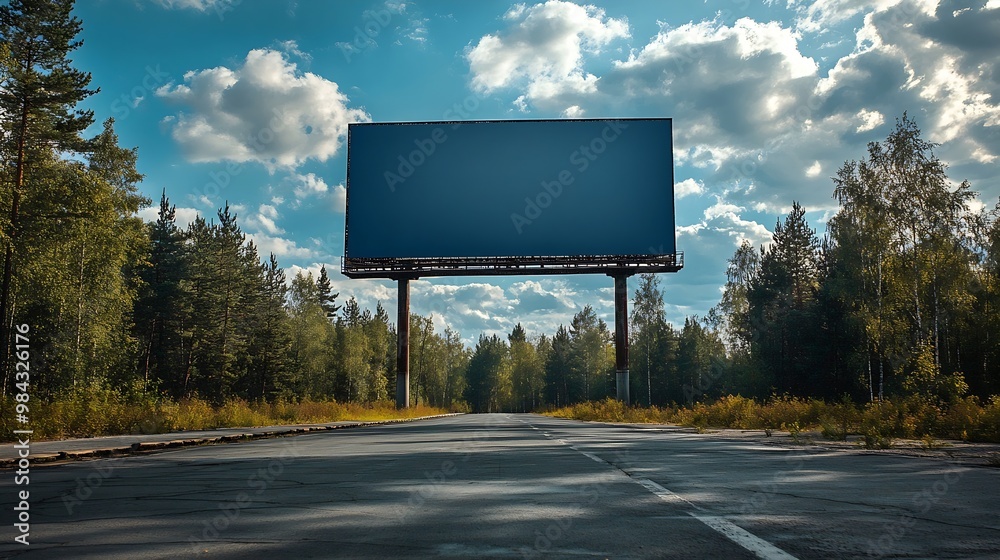 Obraz premium Big empty mockup Billboard along a highway with forest on background of blue sky with beautiful clouds : Generative AI