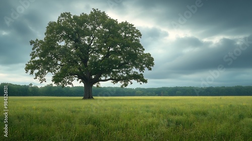 Fort Griswold Battlefield State Park monument and giant oak trees on the meadow Tranquil pasture landscape on a cloudy day : Generative AI photo