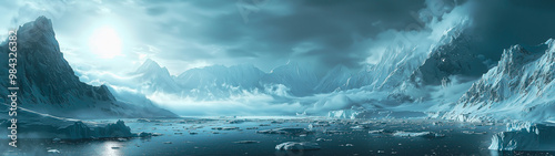 A cinematic drone shot of a vast landscape filled with towering icebergs, with soft sunlight filtering through the mist, creating a cold and majestic scene.