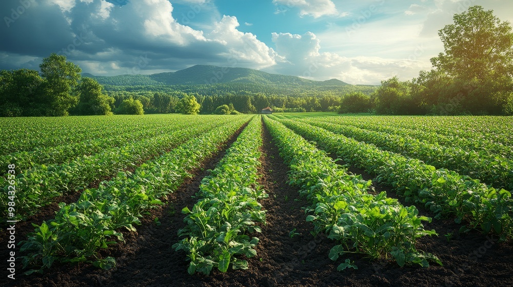 Obraz premium Organic farm, lush green fields with crops, 3D illustration, isolated on solid background