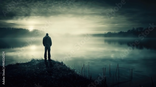 Person Standing by Misty Lake at Dawn with Dramatic Sky Peaceful Nature Scene