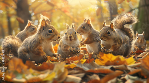 Curious squirrels playing in a forest setting, creating an adorable and lively nature scene, perfect for wildlife photography and animal-themed images of these playful, energetic creatures