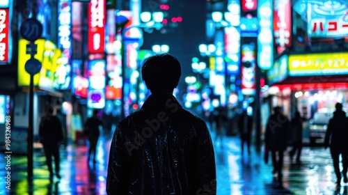 Person Walking on Busy City Street at Night with Colorful Neon Lights