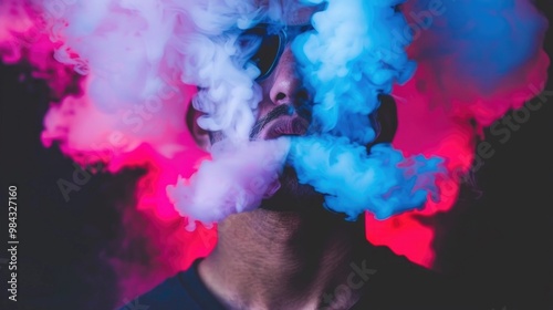 Person with colorful smoke explosion covering face in artistic portrait