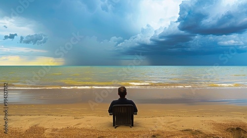 Person sitting alone on empty beach watching dramatic stormy clouds over ocean